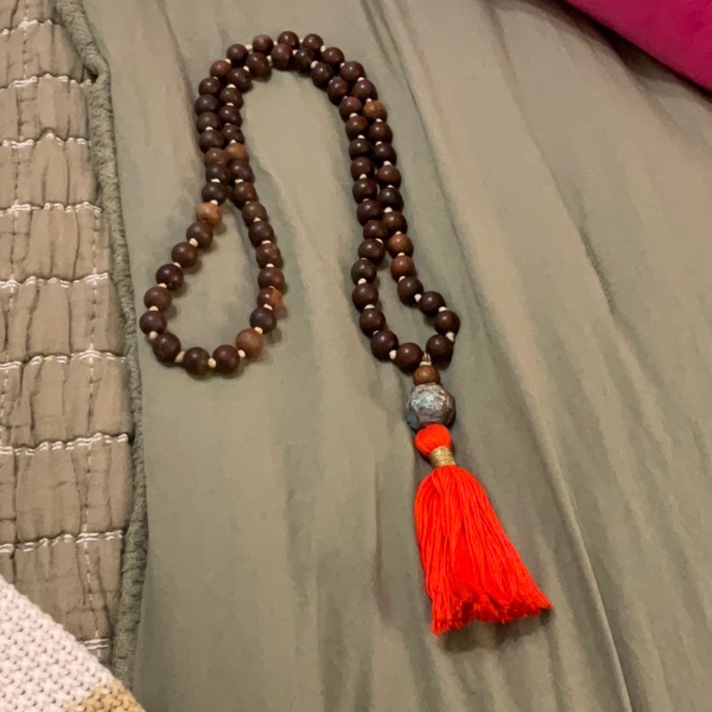 Handmade Brown Wood Bead Necklace with Red Tassel